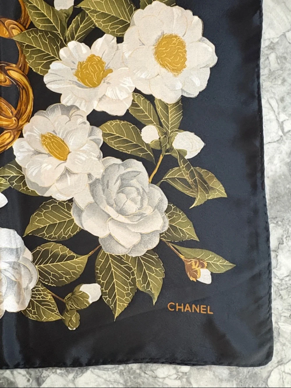 Vintage Chanel Camellia Print Silk Scarf. Black, Gold and White.